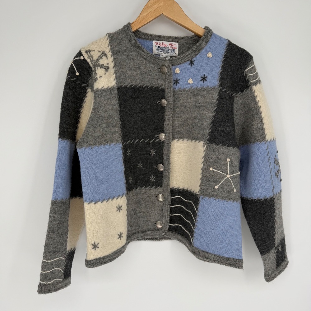 Tally-Ho Vintage 100% Wool Patchwork Cardigan Blue Grey Embroidered PM